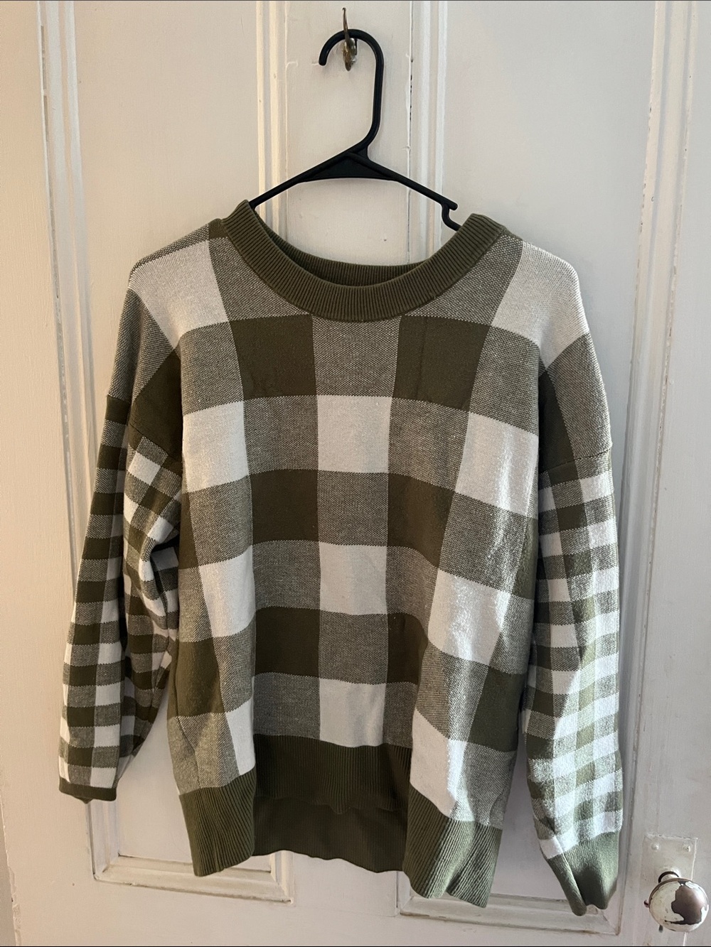 Olive Green and White Buffalo Check Knit Sweater